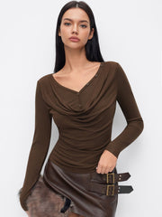 V-neck Solid Ruched Draped Cinched Waist Long Sleeve Tee