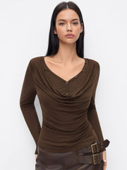 V-neck Solid Ruched Draped Cinched Waist Long Sleeve Tee