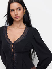 V-neck Long Sleeve Lace Trim Blouse