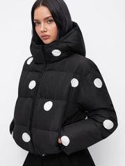 Polka Dot Zip Through Hooded Oversized Crop Puffer