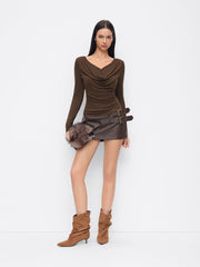 V-neck Solid Ruched Draped Cinched Waist Long Sleeve Tee