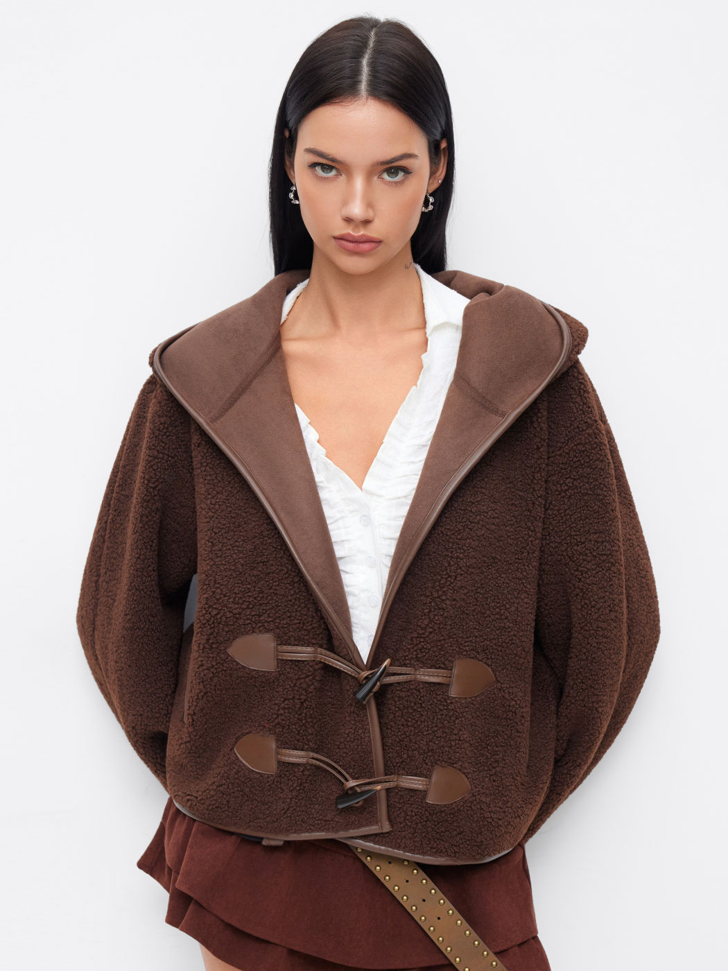 Faux Shearling Hooded Toggle Button Oversized Jacket