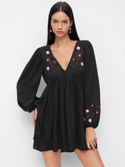 Chiffon V-Neck Floral Embroidery Ruched Lantern Sleeve Flared Mini Dress