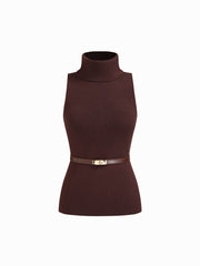 Knit Turtleneck Tank Top With Belt