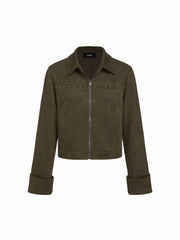Suede Collar Long Sleeve Zip Through Jacket