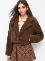 Fleece Collar Pocket Long Sleeve Cropped Jacket