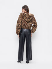 Fleece Hooded Leopard Print Zip Through Cropped Jacket