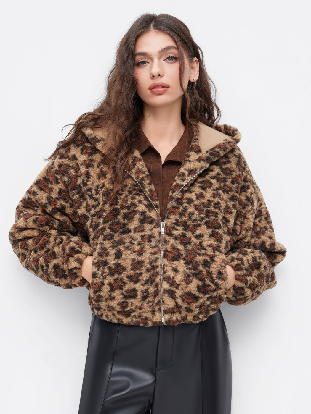 Fleece Hooded Leopard Print Zip Through Cropped Jacket