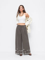 100% Cotton Mid Rise Floral Embroidery Wide Leg Trousers