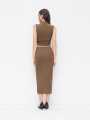 Stand Collar Drawstring Ruched Tank Top & High Rise Split Maxi Skirt Set