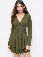 V-neck Ruched Layered Ruffle Hem Mini Dress