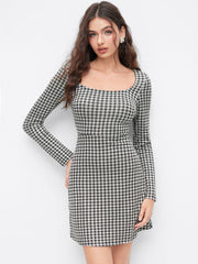 Gingham Square Neck Long Sleeve Mini Shift Dress
