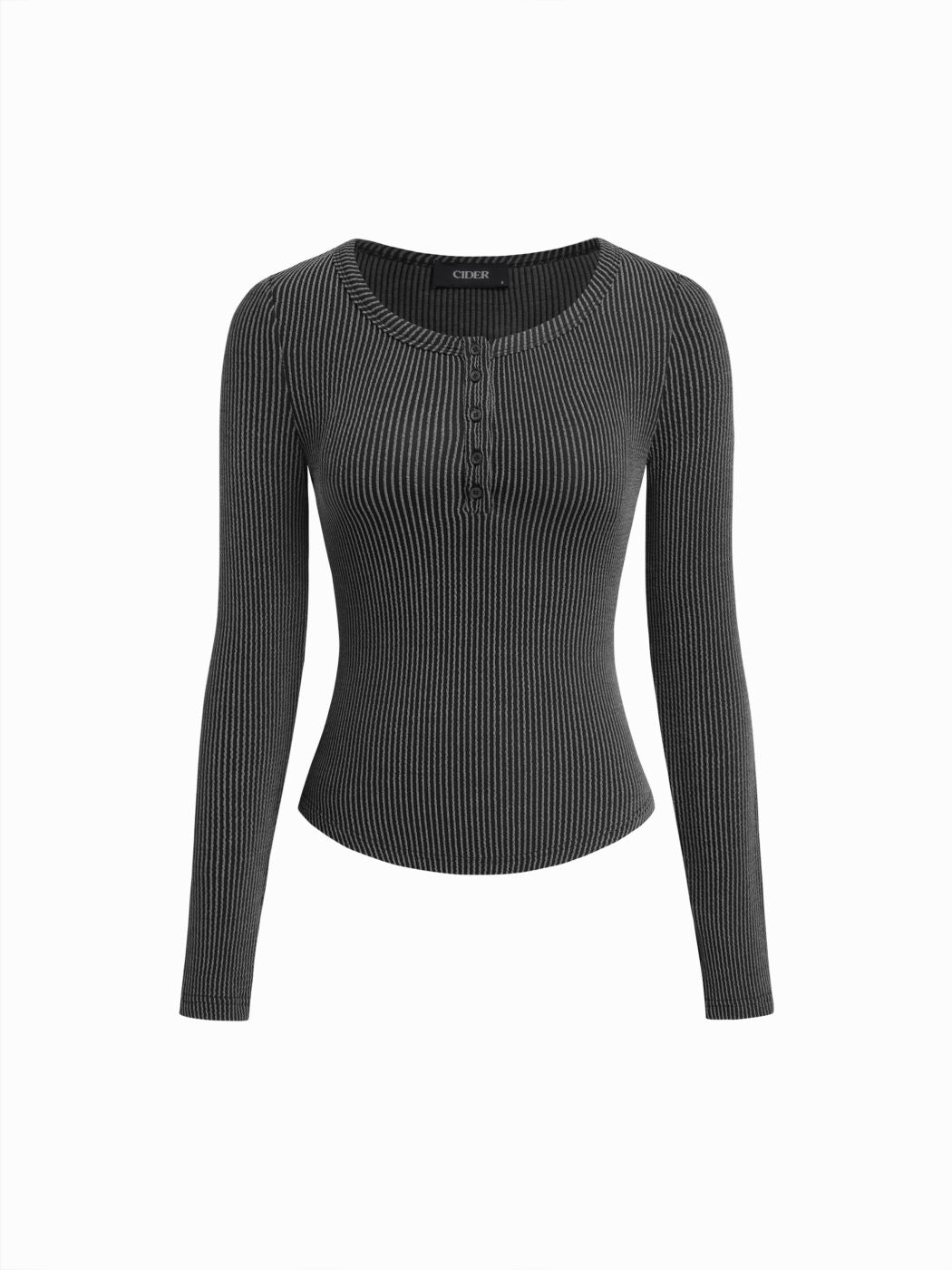 Striped Round Neckline Long Sleeve Button Top