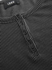 Striped Round Neckline Long Sleeve Button Top