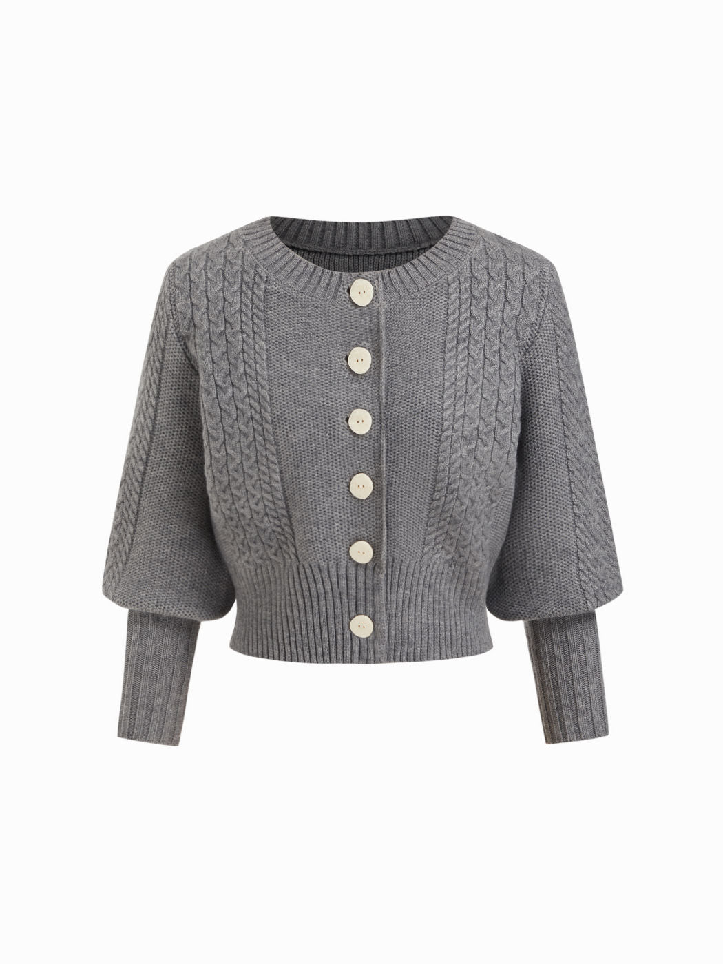Cable Knit Round Neckline Lantern Sleeve Cardigan
