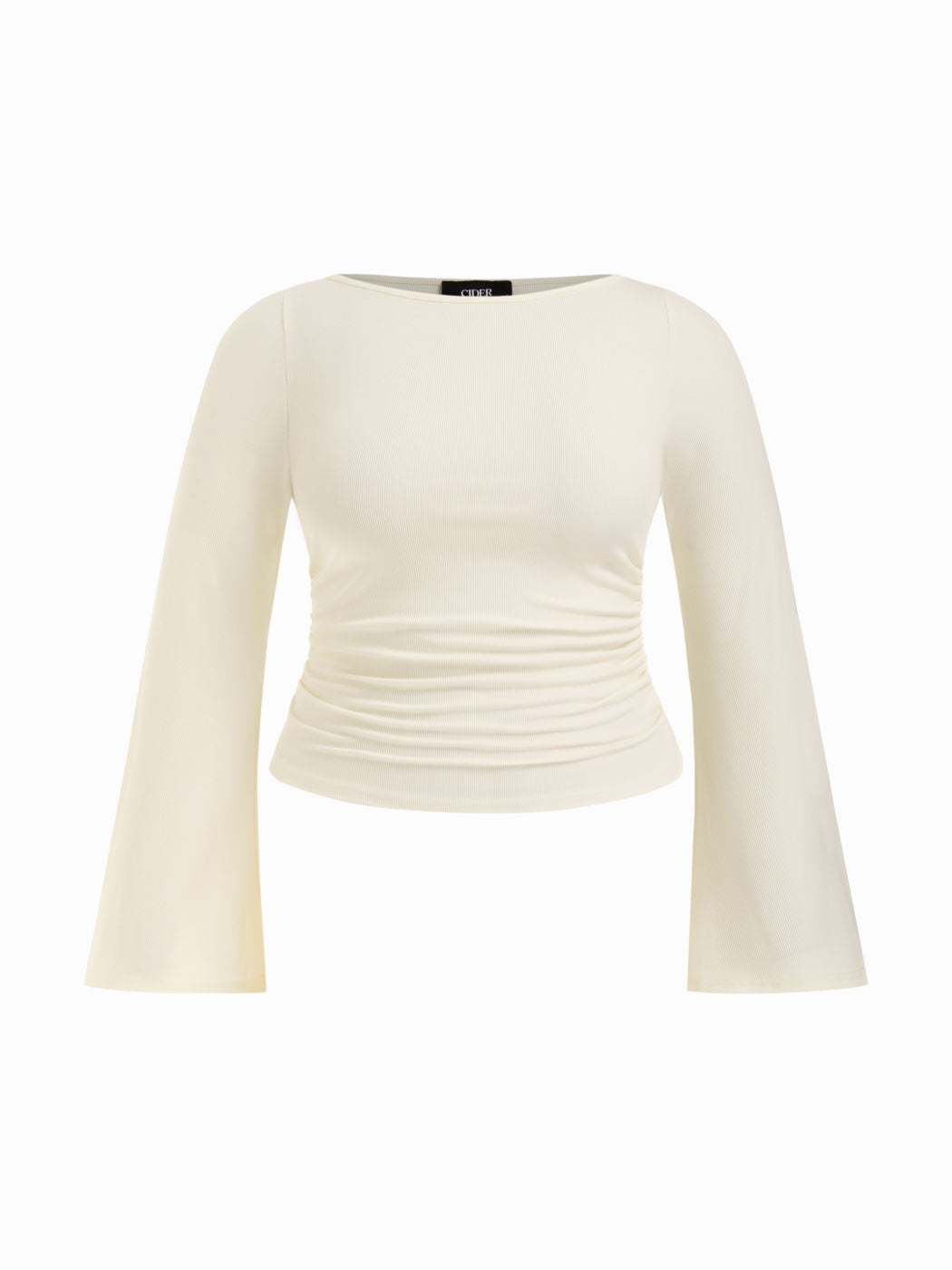 Boat Neck Solid Ruched Long Sleeve Tee Curve & Plus