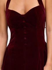 Velvet Halter Neckline Ruffle Knotted Midi Dress