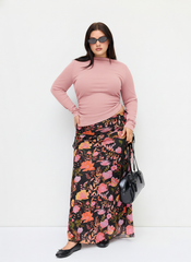 Round Neckline Ruched Long Sleeve Top & Mid Rise Floral Knotted Maxi Skirt Set Curve & Plus