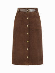 Corduroy Cotton-blend Mid Rise Pencil Midi Skirt With Belt