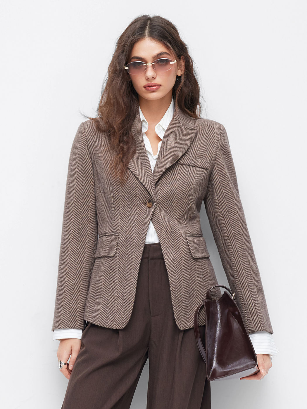 Wool-look Collar Button Pocket Long Sleeve Blazer