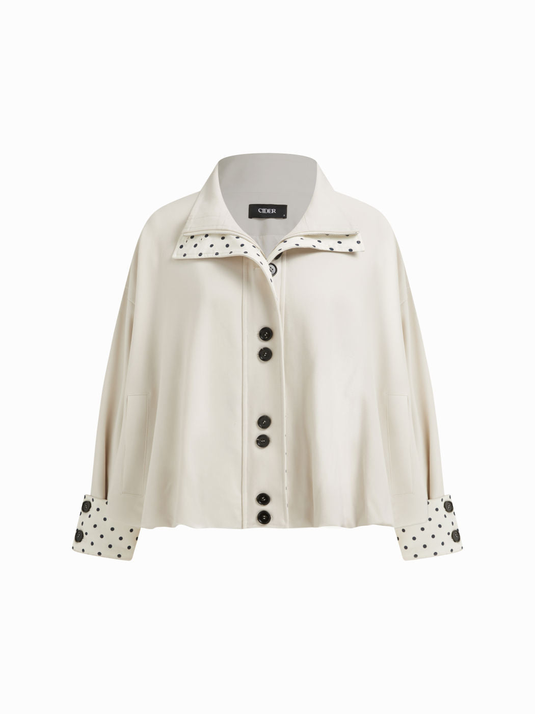 Polka Dot Stand Collar Puff Sleeve Cotton- blend Jacket