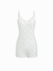 V-neck Ditsy Floral Bowknot Tie Back Loungewear Romper