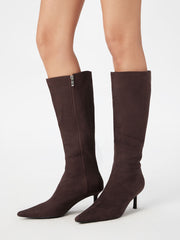 POINTED TOE FAUX SUEDE STILETTO KNEE HIGH BOOTS