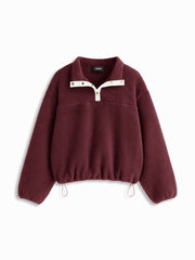 Fleece Collar Drawstring Button Long Sleeve Sweatshirt