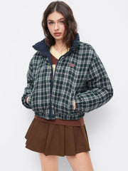 Reversible Cotton-blend Stand Collar Tartan Zip Through Puffer