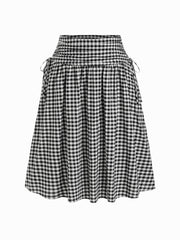 Cotton Mid Rise Plaid Bowknot Ruched Maxi Skirt Curve & Plus