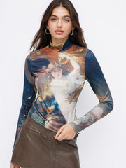Oil Painting Graphic High Neck Long Sleeve Top