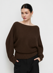 Knit Boat Neck Long Sleeve Cinched Waist Oversized Top