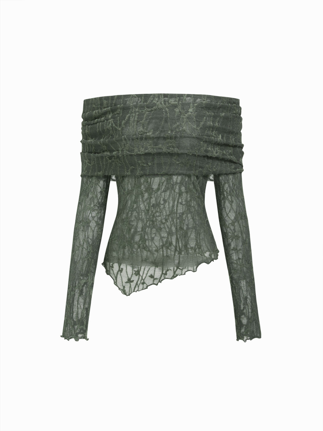 Lace Off-shoulder Long Sleeve Asymmetrical Hem See-through Tee