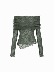 Lace Off-shoulder Long Sleeve Asymmetrical Hem See-through Tee