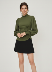 High Neck Solid Ruched Long Sleeve Top