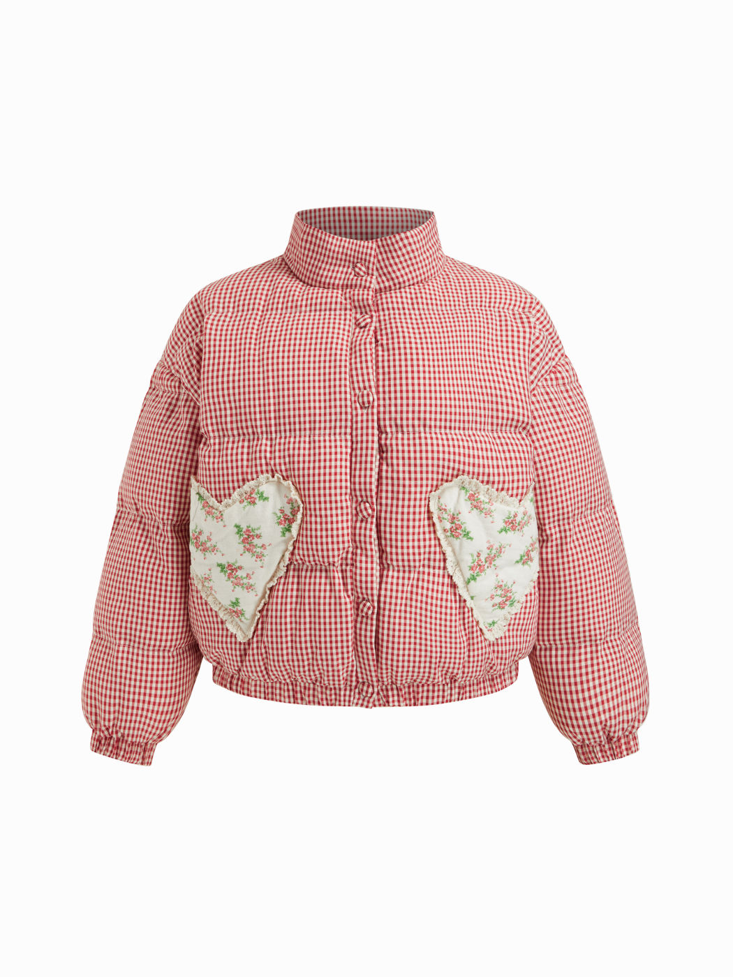 Stand Collar Gingham Lace Trim Heart Pocket Oversized Puffer Curve & Plus