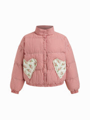 Stand Collar Gingham Lace Trim Heart Pocket Oversized Puffer Curve & Plus