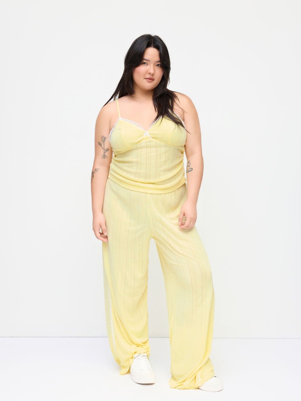 V-neck Pointelle Bowknot Cami Top & Mid Rise Lace Trim Wide Leg Trousers Loungewear Set Curve & Plus
