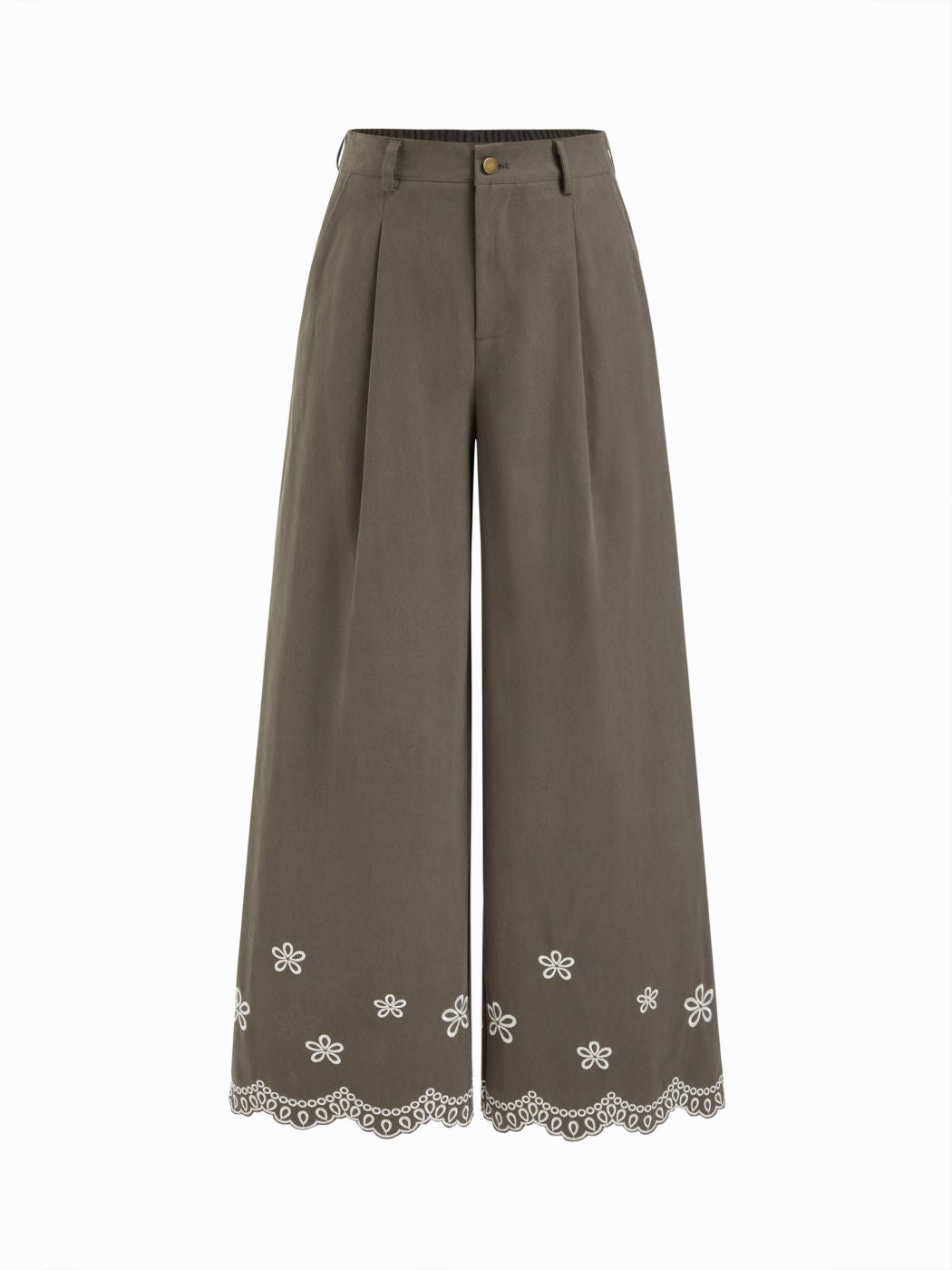 100% Cotton Mid Rise Floral Embroidery Wide Leg Trousers
