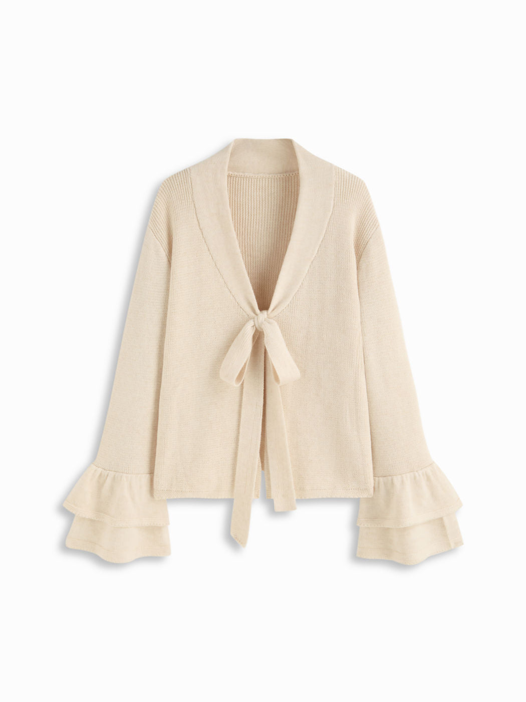 Wool-blend V-neck Ruffle Sleeve Bowknot Oversized Cardigan