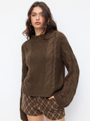 Cable Knit Round Neck Long Bell Sleeve Oversized Sweater