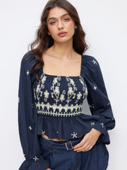 Floral Embroidery Square Neck Lantern Sleeve Shirred Ruffled Blouse