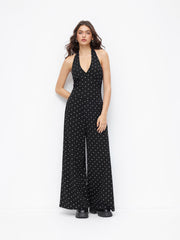 Cotton-blend V-neck Polka Dot Backless Straight Leg Jumpsuit