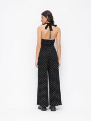 Cotton-blend V-neck Polka Dot Backless Straight Leg Jumpsuit