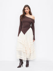 Jersey Asymmetrical Neck Pearl Tie Side Ruched Top
