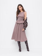 100% Cotton Boat Neck Plaid Shirred Ruffled Bowknot Midi Dress