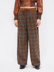 Wool-look Mid Rise Plaid Drawstring Wide Leg Trousers