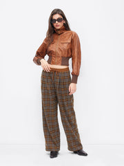 Wool-look Mid Rise Plaid Drawstring Wide Leg Trousers