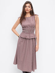 100% Cotton Boat Neck Plaid Shirred Ruffled Bowknot Midi Dress