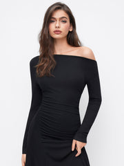 Asymmetrical Neck Ruched Long Sleeve Maxi Dress